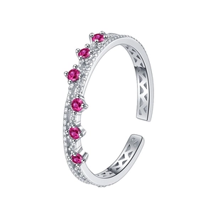 S925 sterling silver adjustable open ring with crown design and red zircon inlays