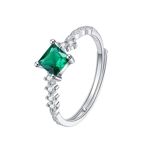 Square emerald-cut green stone ring in S925 sterling silver with micro-pave accents