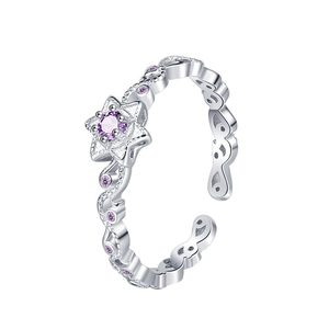 Adjustable S925 silver star ring with purple crystal and twisted weave design