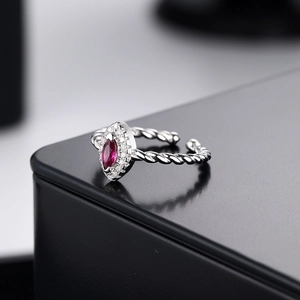 S925 silver twisted open ring with marquise red gemstone and micro-pave crystals