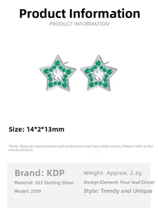 Detailed macro view of 925 sterling silver star earrings with green zircon clover inlay