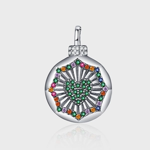Pendentif Rond Maille Cœur en Argent Sterling 925 Zirconia Coloré Rétro Bijoux de Mode Exquis pour Femmes Cadeau