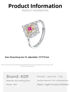 Detailed size specifications for a retro S925 sterling silver ring with rose gemstone
