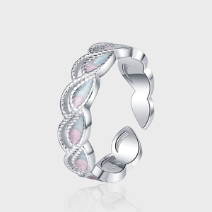925 Sterling Silver Adjustable Open Ring Gradient Pink Blue Enamel Peacock Leaf Elegant Sweet Jewelry Ring For Women
