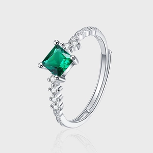925 Sterling Silver Square Artificial Emerald Open Ring For Women Luxurious Micro Paved Rhinestone Adjustable Fashion Finger Jewelry