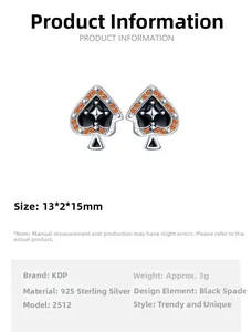 Detail of 925 sterling silver Ace of Spades stud earring with orange zircon stones