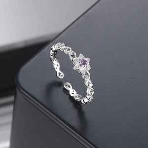 S925 sterling silver lavender hexagram star open ring with wavy pave diamond band