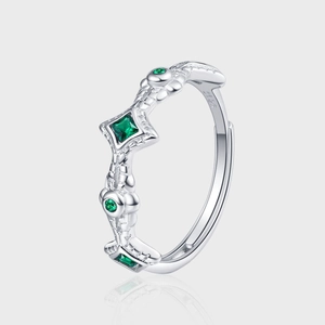 Vintage 925 Sterling Silver Emerald Green Zirconia Open Ring Retro Vine Pattern Carving Adjustable Fashion Jewelry For Women