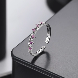 S925 sterling silver crown ring with magenta zircon and hollow adjustable band