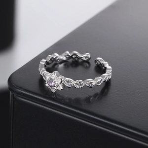S925 sterling silver purple star open ring with irregular twisted band and zircon inlay