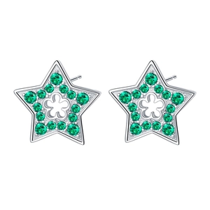 925 silver star stud earrings with green zircon pavé and hollow floral center detail