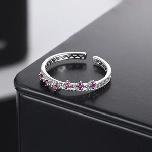 Elegant S925 sterling silver crown ring with magenta zircon and open adjustable band
