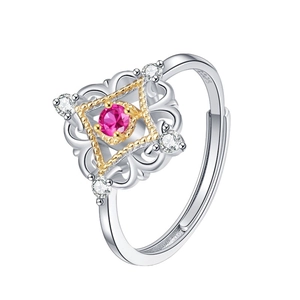 S925 sterling silver vintage ring with red gemstone and hollow floral patterns