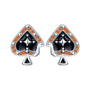 Vintage 925 silver Ace of Spades earrings with orange zircon and star engraving