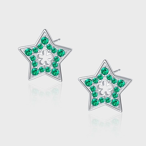 925 Sterling Silver Star Stud Earrings Green Rhinestone Openwork Flower Pattern Earrings For Women Fresh Style Jewelry