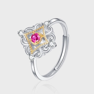 French Palace Style S925 Sterling Silver Ring For Women Rose Red Rhinestone Hollow Geometric Contrast Color Adjustable Ring