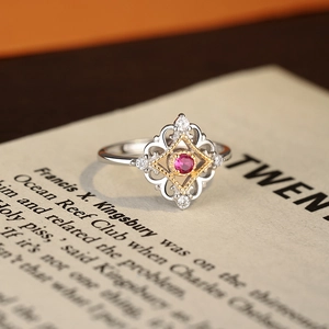 French vintage S925 silver ring with rose red stone and gold heart hollow design