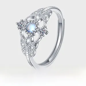 Detail of S925 sterling silver ring featuring moonlight stone and lace pattern