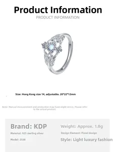 Detail of adjustable S925 silver ring featuring moonstone and hollow lace floral pattern