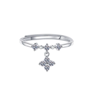 S925 Sterling silver adjustable ring with cross star dangle pendant and shiny crystals