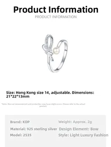 Detailed specs of S925 sterling silver bow ring with pearl and cubic zirconia