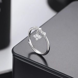 S925 sterling silver open ring with sparkling flower charm and zirconia stones