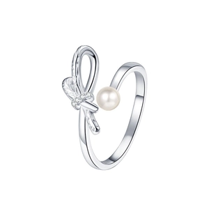 Elegant S925 sterling silver bow ring with shimmering zircon and round white pearl