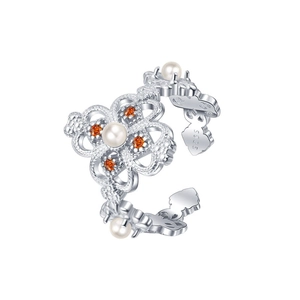 S925 sterling silver open heart clover ring with pearl and orange gemstone accents