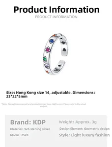 Size guide for S925 sterling silver geometric ring with colorful zircon and 23x22x5mm specs
