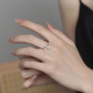 Minimalist S925 silver cross star open ring with dangling sparkling floral zircon pendant