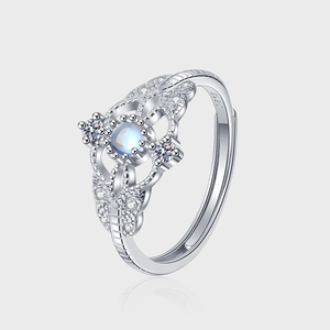 S925 Sterling Silver Moonstone Flower Ring Vintage Hollow Lace Adjustable Open Ring For Women Micro Pave Zirconia Jewelry