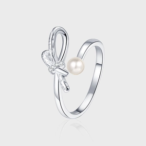 925 Sterling Silver Ring With Artificial Pearl And Zircon Bowknot Design Adjustable Open Finger Jewelry For Women Sweet French Style