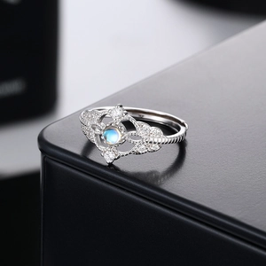 S925 sterling silver moonstone ring with lace flower hollow design and sparkling zircons