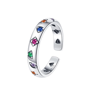 S925 sterling silver open ring with colorful geometric cubic zirconia stones