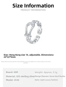 Detail view of S925 sterling silver horseshoe ring with size and material specifications