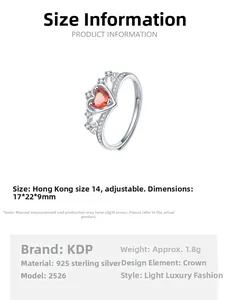 Detaillierte Größentabelle für den S925 Silber Kronenring mit Herz-Edelstein in Rot