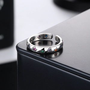 Minimalist S925 sterling silver open ring with colorful zircon gemstones in retro style
