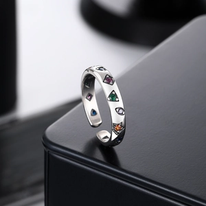 S925 sterling silver open ring with colorful geometric zircons in a vintage fantasy style
