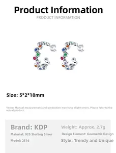 Detail view of S925 silver C-shape earrings with colorful gemstones and dimensions