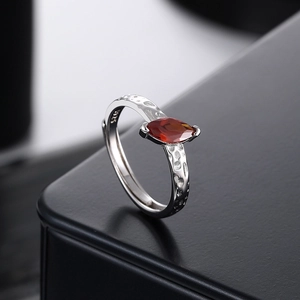 S925 sterling silver open ring featuring marquise red zircon and hammered texture finish