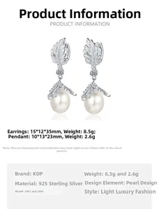 Detailed dimensions of S925 sterling silver pearl vine leaf earrings and pendant set