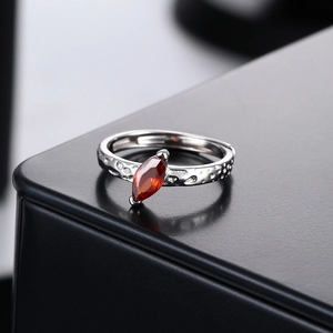 S925 sterling silver adjustable ring with marquise red zircon and textured metal band