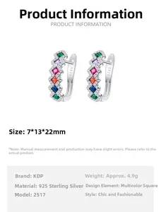 Detail view of S925 silver colorful cubic zirconia hoop earrings measuring 7x13x22mm