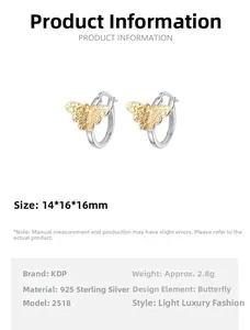 Detailed view of S925 silver butterfly earrings with dimensions 14x16x16mm and weight 2.8g
