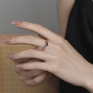 S925 sterling silver ring with marquise red zircon and vintage hollow carved band