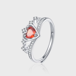 S925 Sterling Silber Krone Herz Ring Für Damen Roter Strass Eingelegt Eleganter Verstellbarer Offener Fingerring Modeschmuck