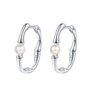 S925 sterling silver bamboo hoop earrings with white pearls in a minimalist french style