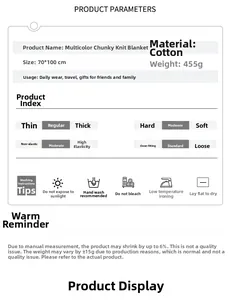 Detail specifications card for cotton knit throw blanket showing size 70x100cm and parameters