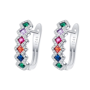 S925 sterling silver huggie earrings featuring colorful square cubic zirconia stones