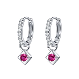 Pendientes de aro de plata S925 con circonitas y colgante de piedra rosa
